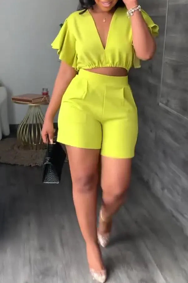 Bright V Neck Top & Shorts Set