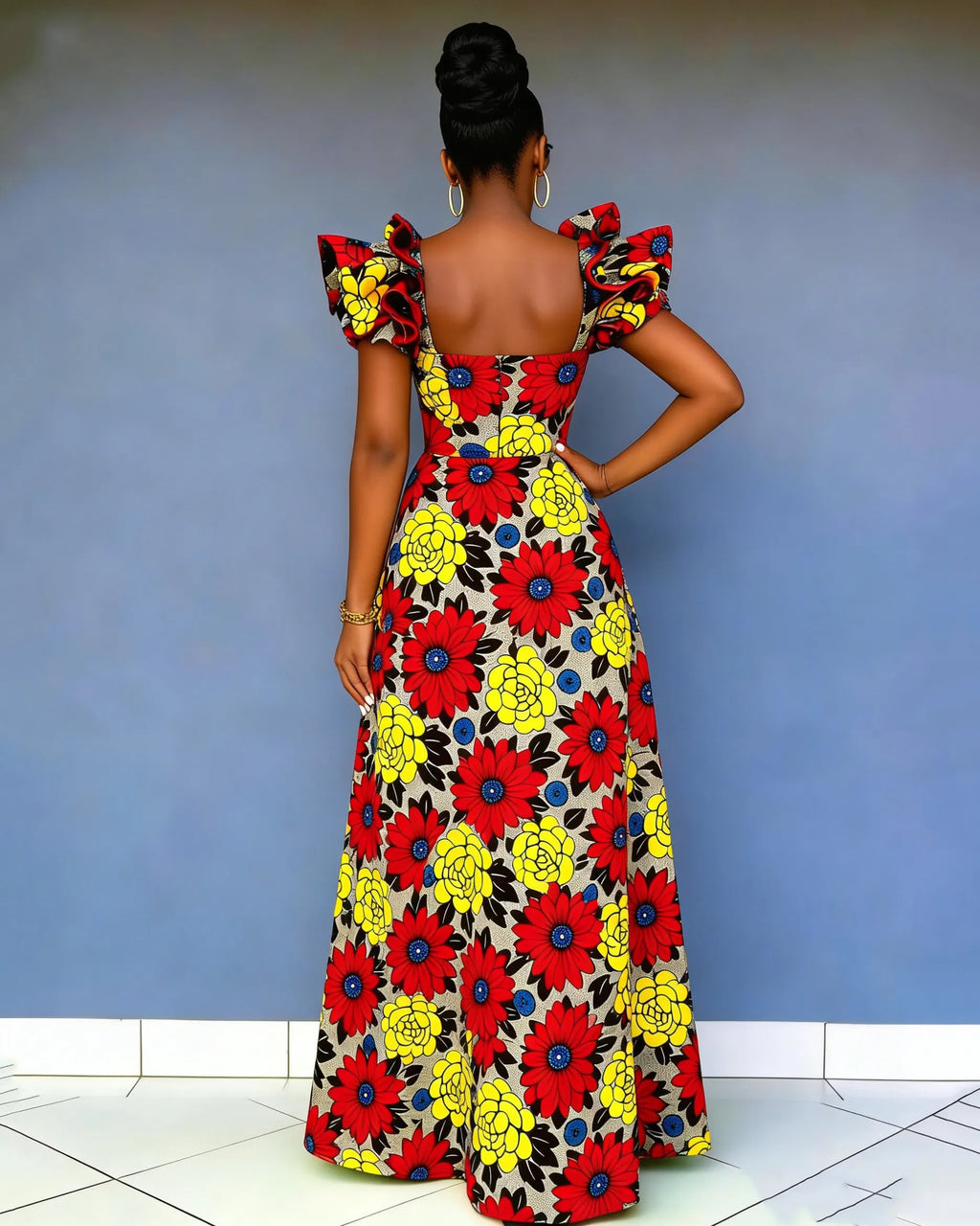 Elegant Color-blocked Floral Lace Sleeve High-waisted Maxi Dress