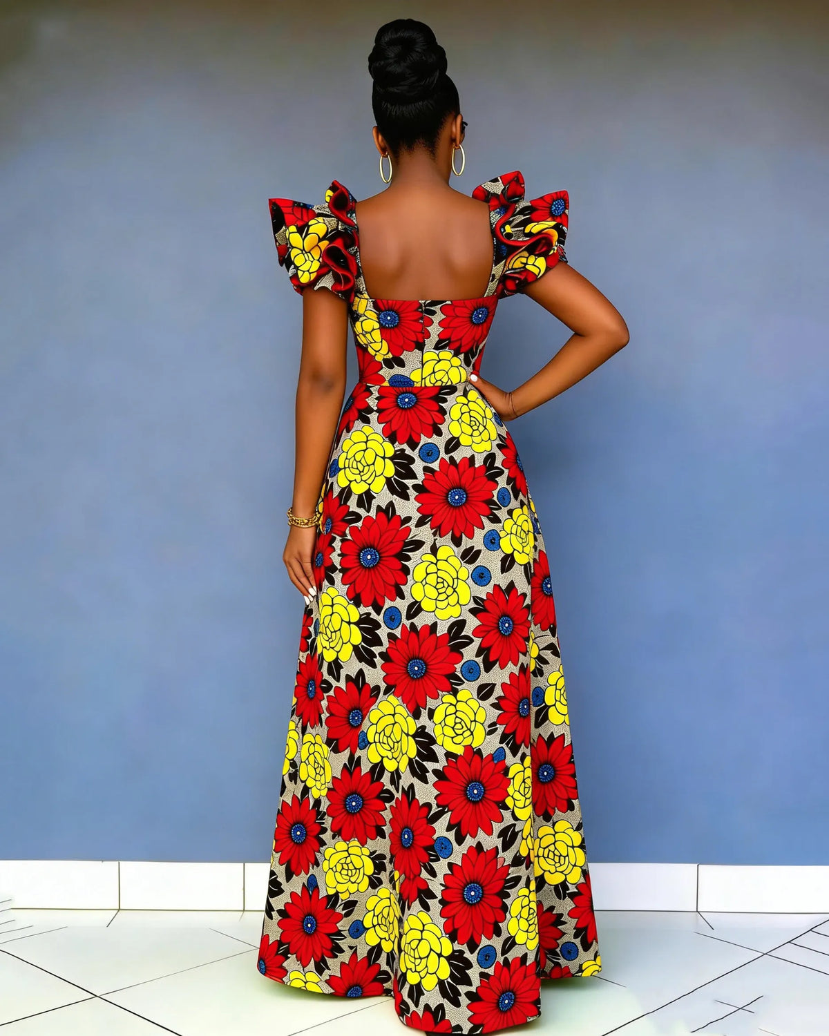 Elegant Color-blocked Floral Lace Sleeve High-waisted Maxi Dress