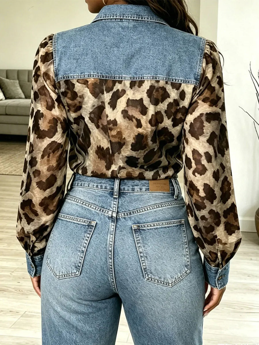 Women's Leopard Pattern Denim Patchwork Art Casual Stylish Long Sleeve Shirt