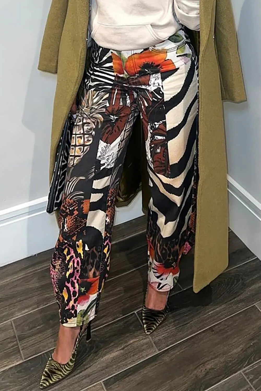 Fruits Animal Mixed Print Wide Leg Casual Pants-Black
