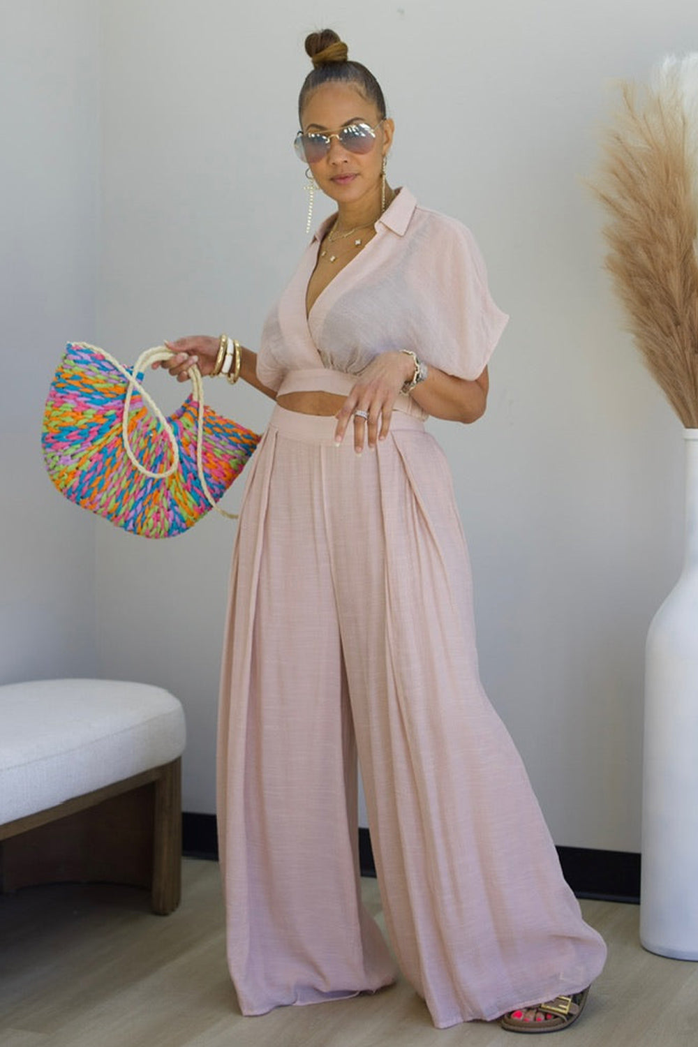 V Neck Dropped Shoulder Blouse Wide Leg Pants 2pcs Set-Pink [Pre Order]