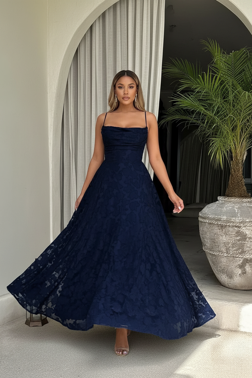 Floral Lace Appliqué Spaghetti Strap Maxi Dress