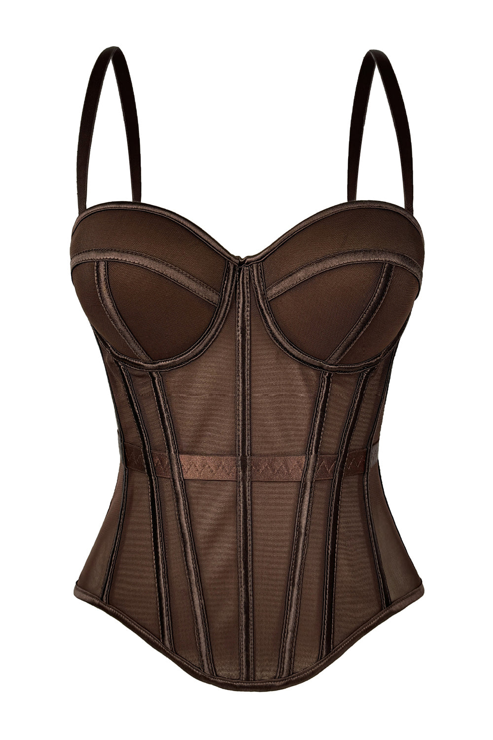 Adjustable Straps Cinched Waist Slim Mesh Bodice Corset-Burgundy