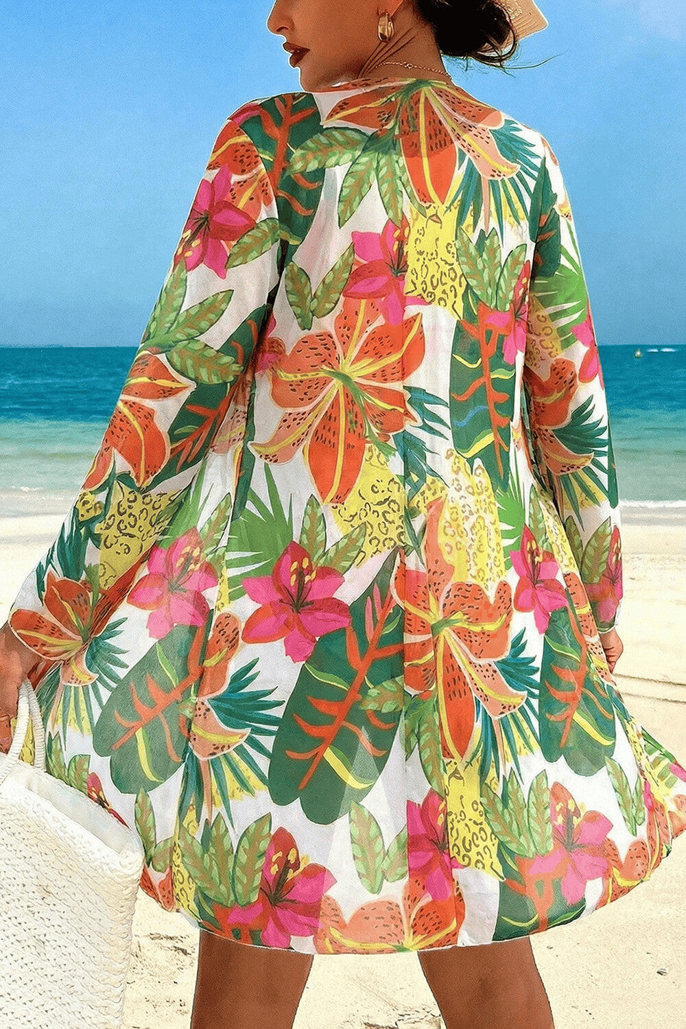 Tropical Print Long Sleeve Cardigan Split Swimsuit Tankinis 3pcs Set-Green