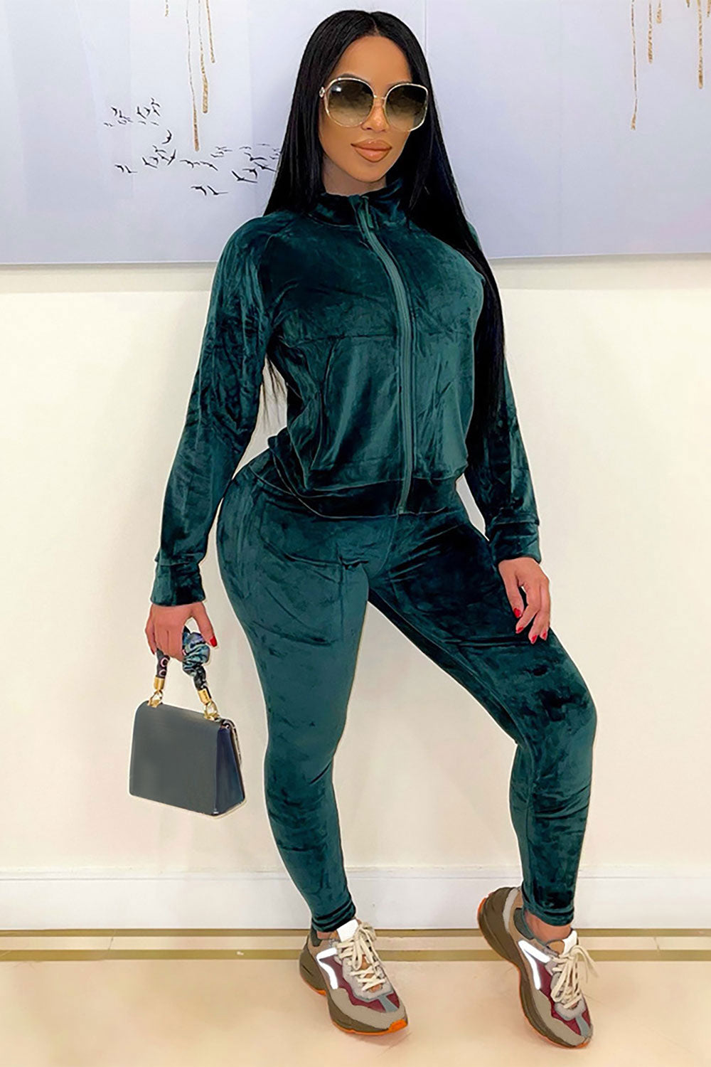 Velvet Solid Color Zipper Track Jacket Skinny Pants Matching Set-Green