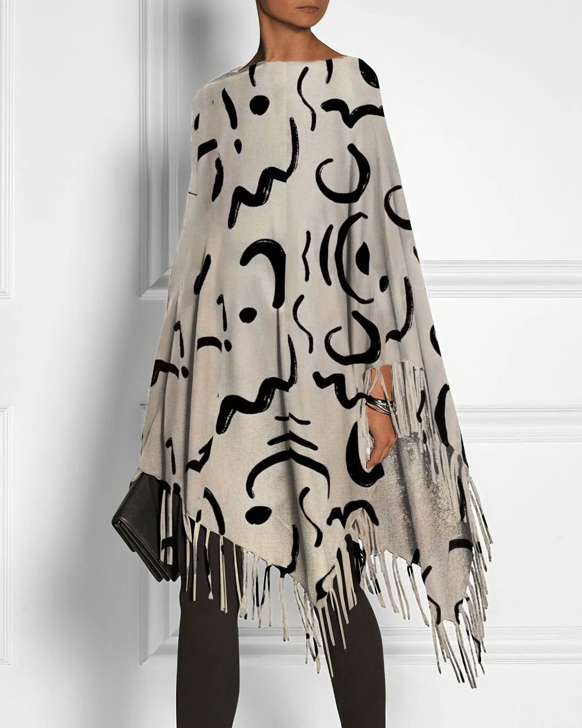 Artistic Black Lines Print Tassel Irregular Top
