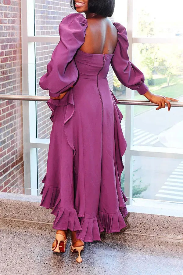 Elegant Pleated Ruffle Square Neck Dress