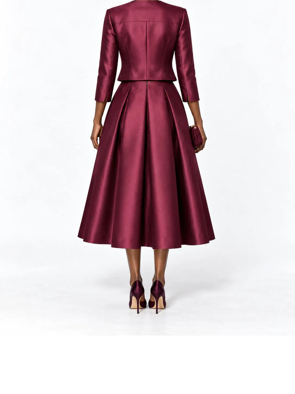 Burgundy Satin Cropped Jacket and Midi Skirt Set