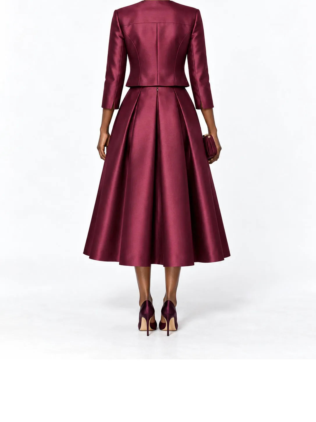 Burgundy Satin Cropped Jacket and Midi Skirt Set