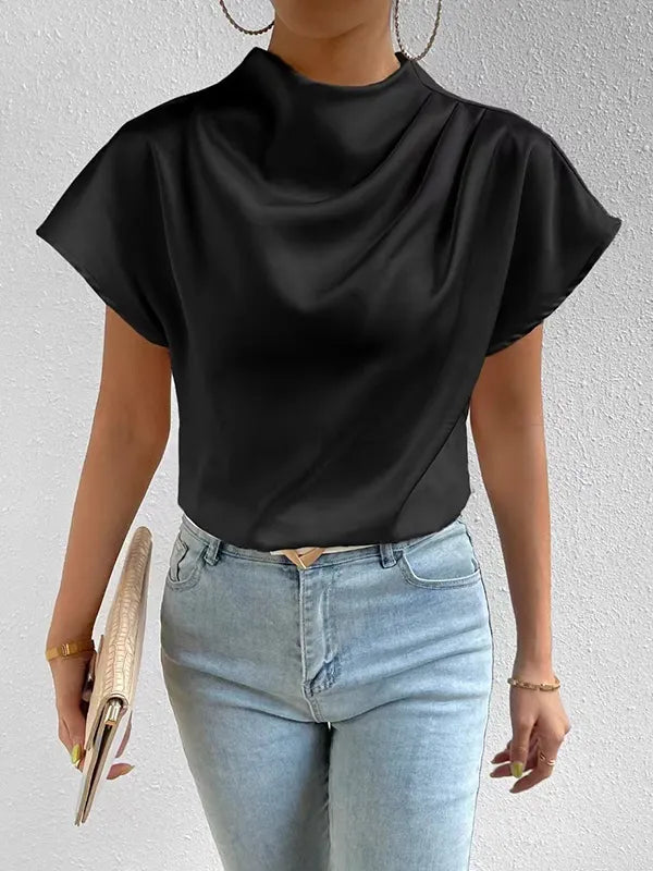 Loose Short Sleeves Pleated Solid Color Mock Neck T-Shirts Tops