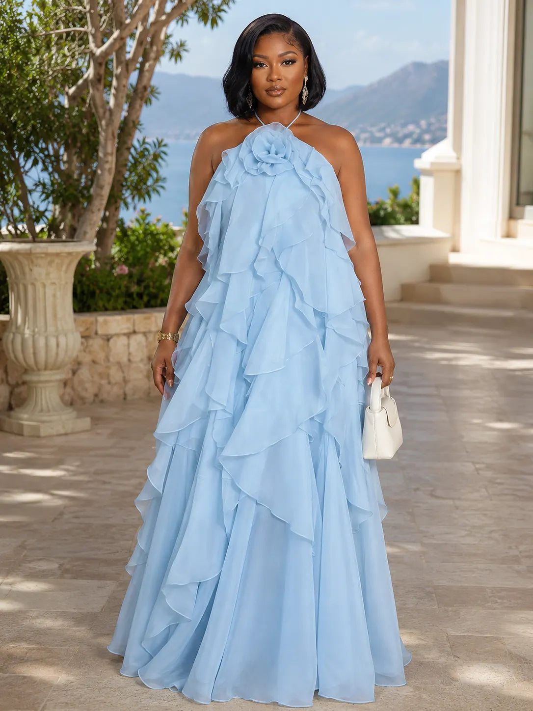 Halter Neck 3D Floral Tiered Flounce Vacation Maxi Dresses