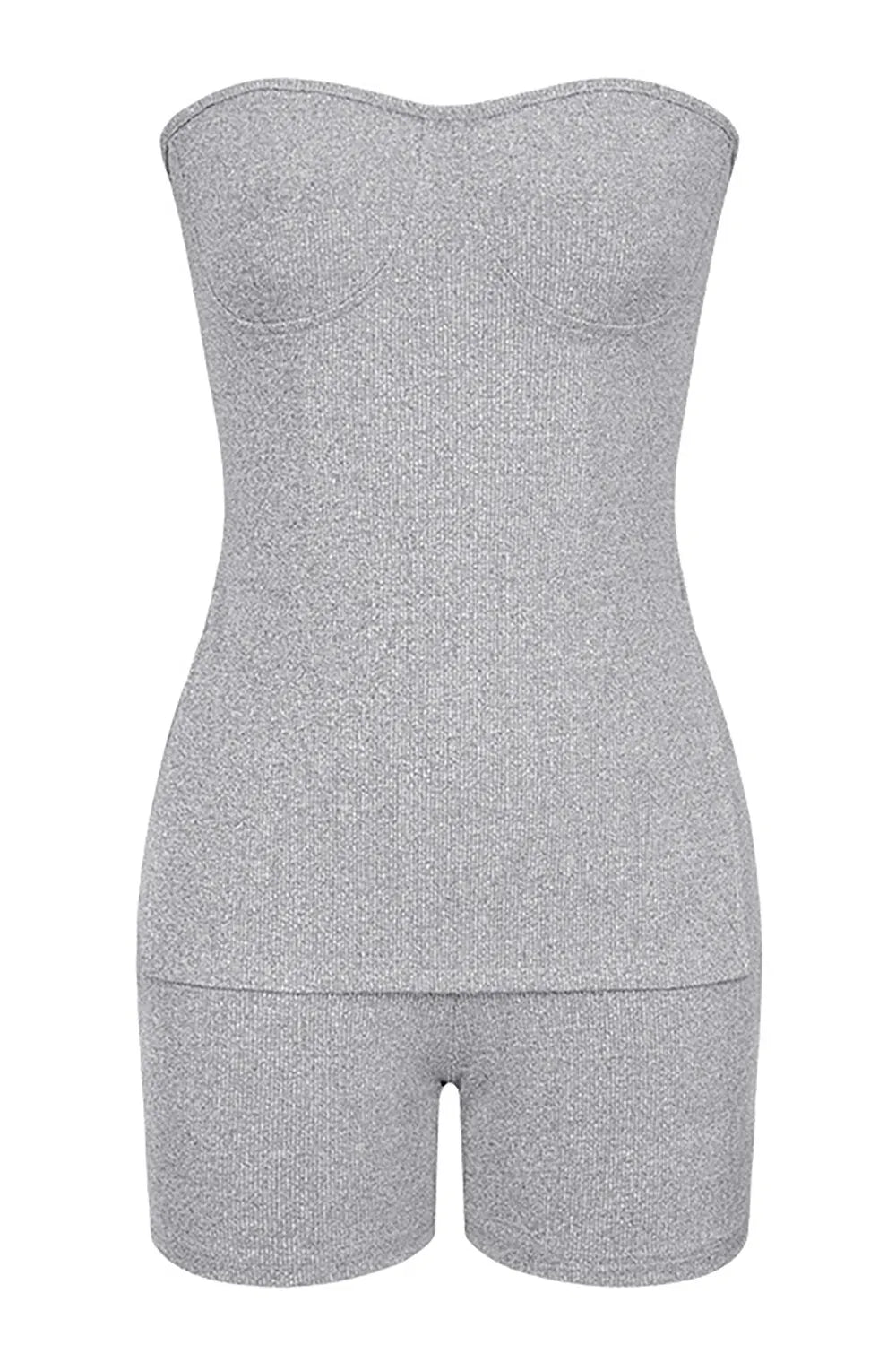 Solid Color Knit Strapless Slit Top Casual Shorts Matching Set-Grey