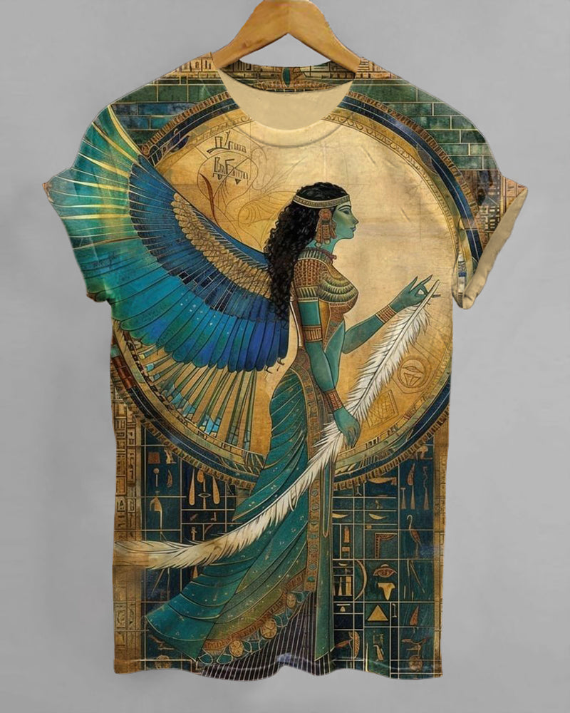 Egyptian Totem Winged Goddess Print Crew Neck Short Sleeve T-Shirt