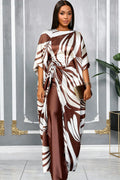 All Over Print Half Sleeve Ruched Top Elastic Waist Pants Matching Set-Brown