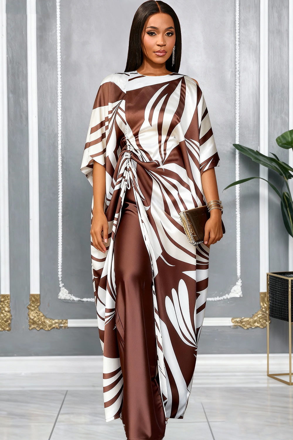 All Over Print Half Sleeve Ruched Top Elastic Waist Pants Matching Set-Brown