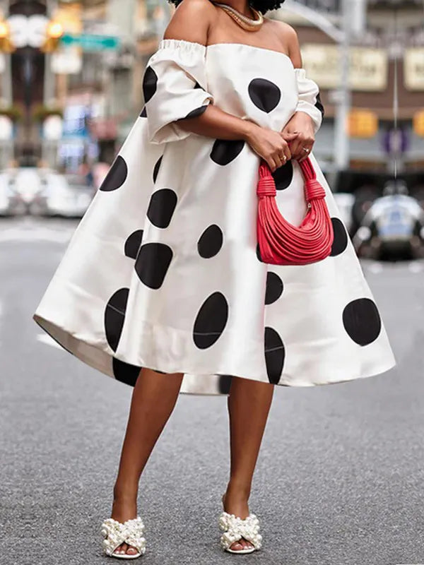 A-Line Loose Polka-Dot Split-Joint Off-The-Shoulder Midi Dresses