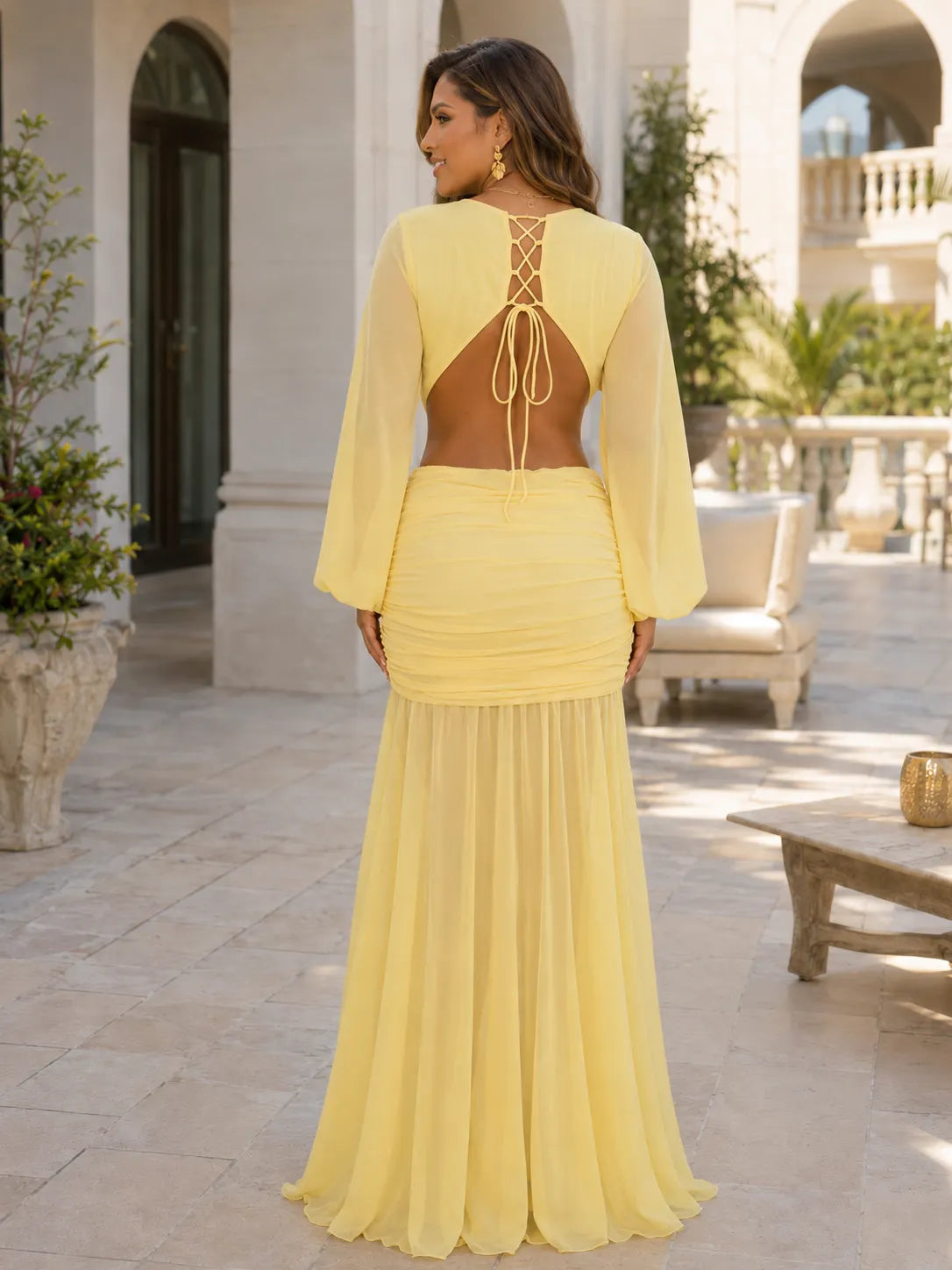 Plunge Neck Lantern Sleeve Cut Out Ruched Backless Maxi Dresses