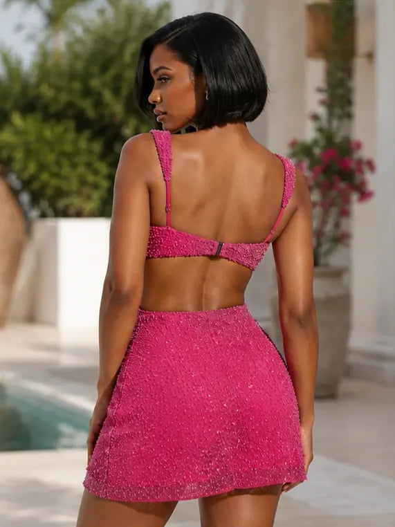 Square Neck Beaded Cutout Mini Dress
