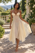 3D Floral Applique Lace-Up Sheer Flowy Midi Dress