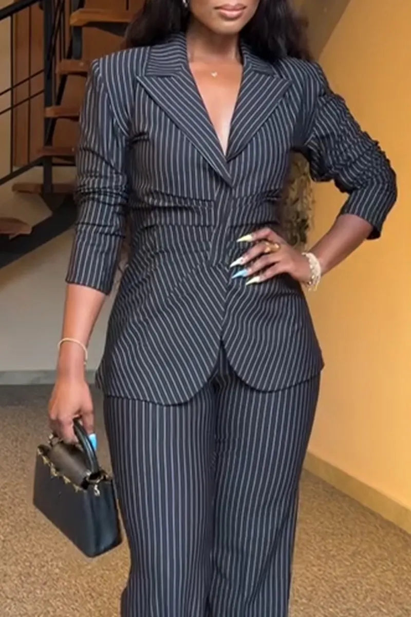 Women's Elegant Commuter Stripe Blazer & Dress Pants Two-Piece Set