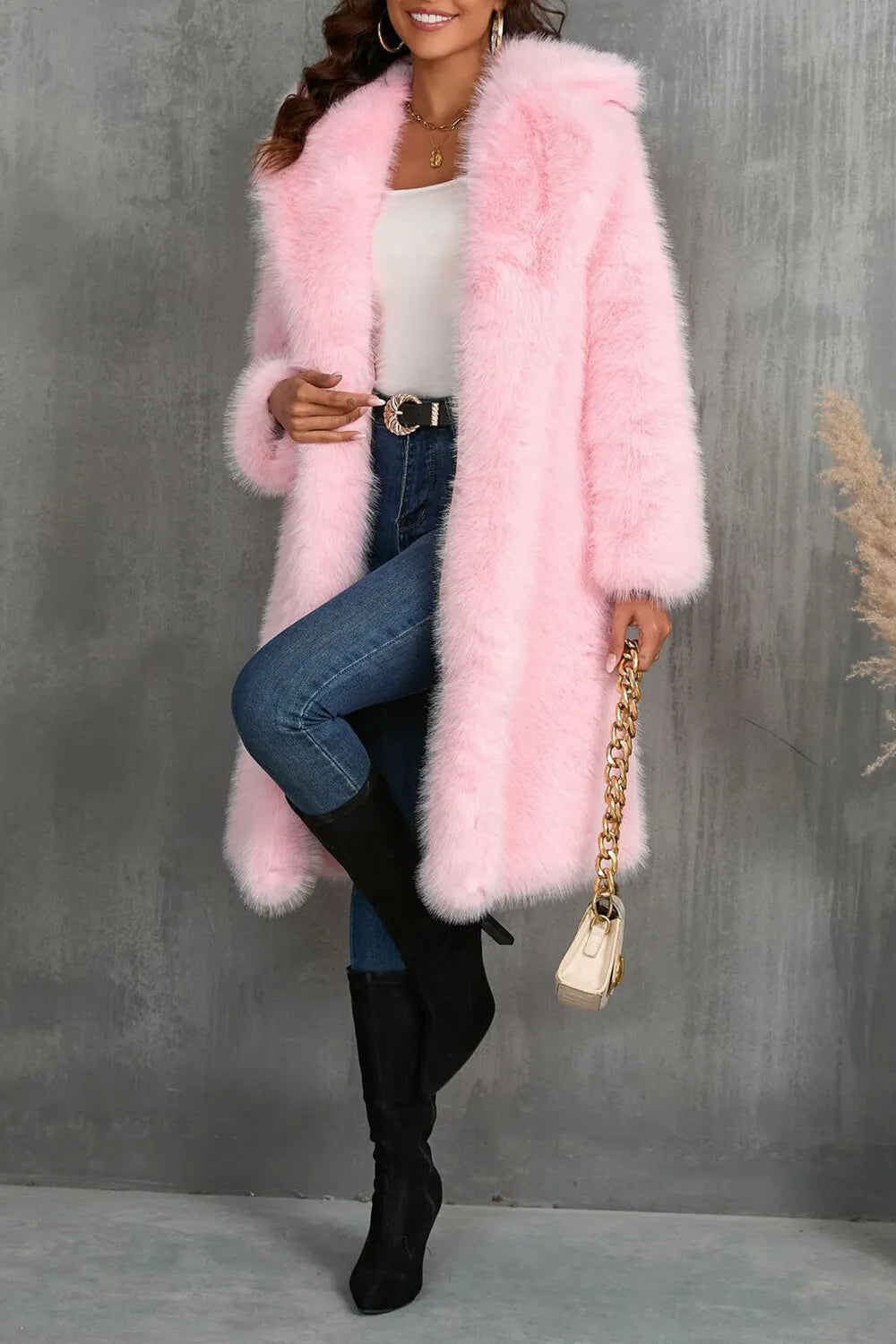 Notch Collar Long Sleeve Faux Fur Fuzzy Overcoat-Camel