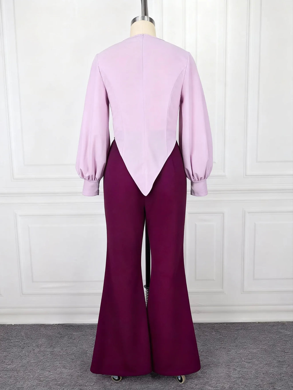 Two-Piece Lavender Puff Sleeve Top & Burgundy Flare Pants Set