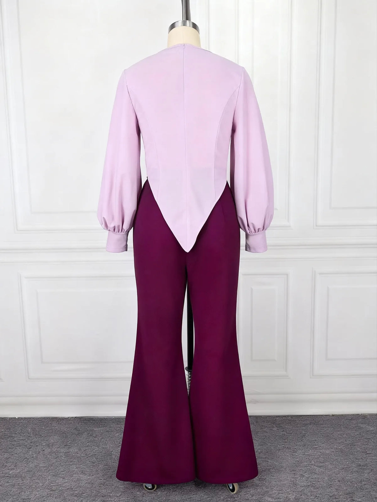 Two-Piece Lavender Puff Sleeve Top & Burgundy Flare Pants Set