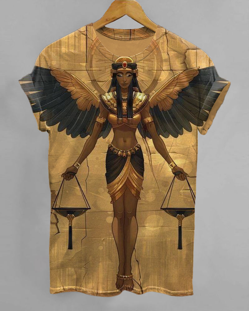 Retro Egyptian Goddess Print Crew Neck Short Sleeve T-Shirt